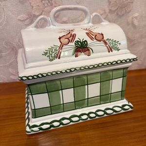 Terra Tam San Design Hand Painted Canister W/ Lid Green Reindeer Snack Holder